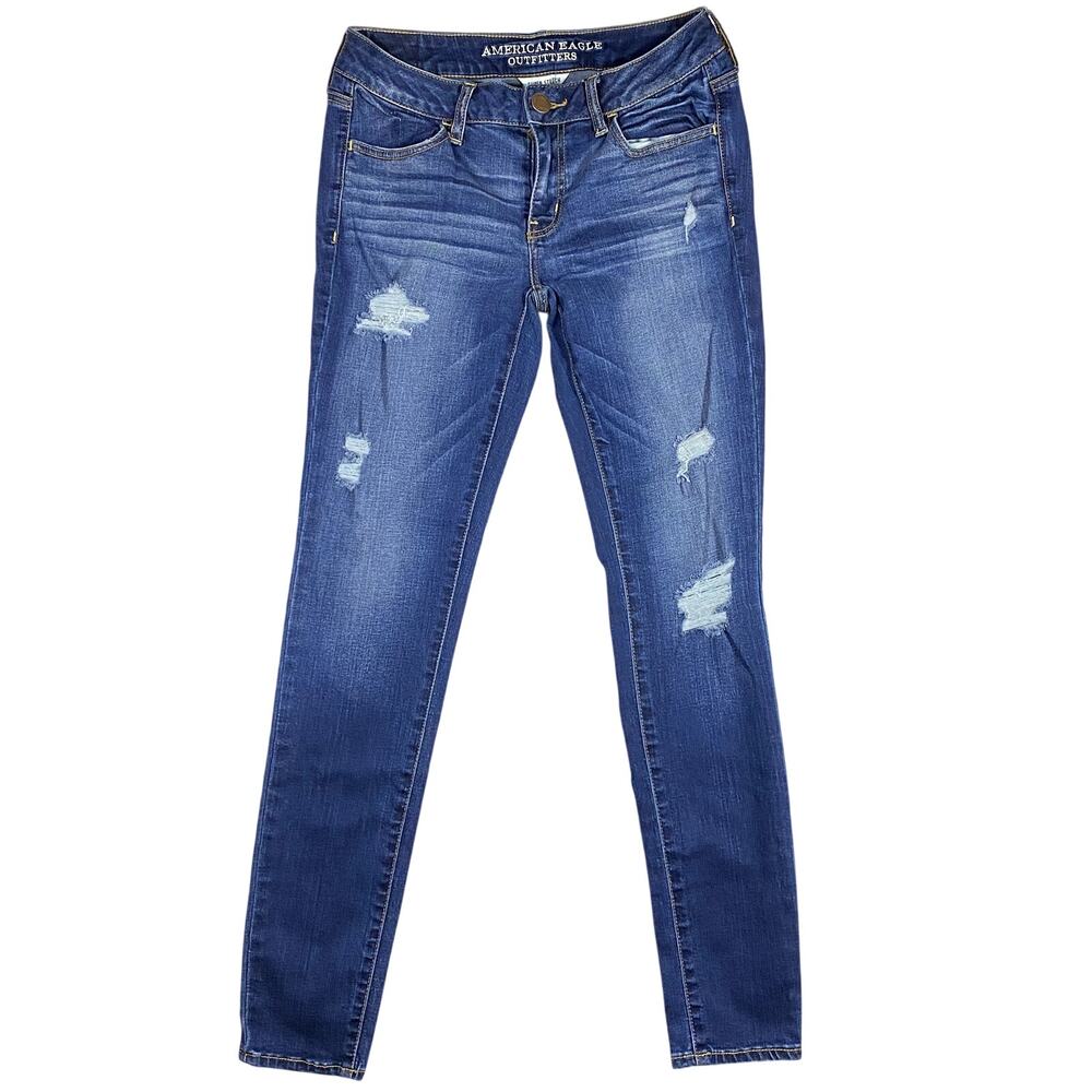 American Eagle Jeans Women 8 Regular Jegging Super Stretch Distressed Blue Denim
